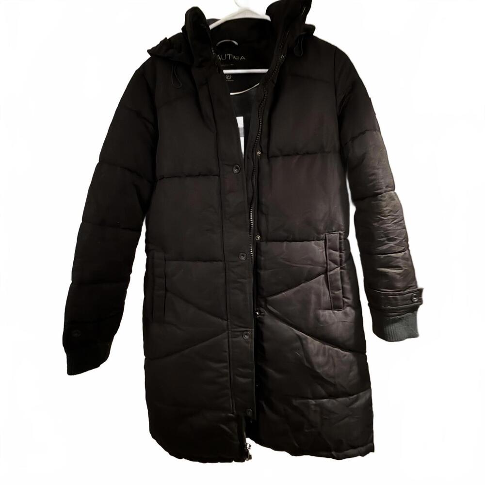 NAUTICA 1983  long black hooded puffer coat.‎ Sz. M. Water Resistant Nautical